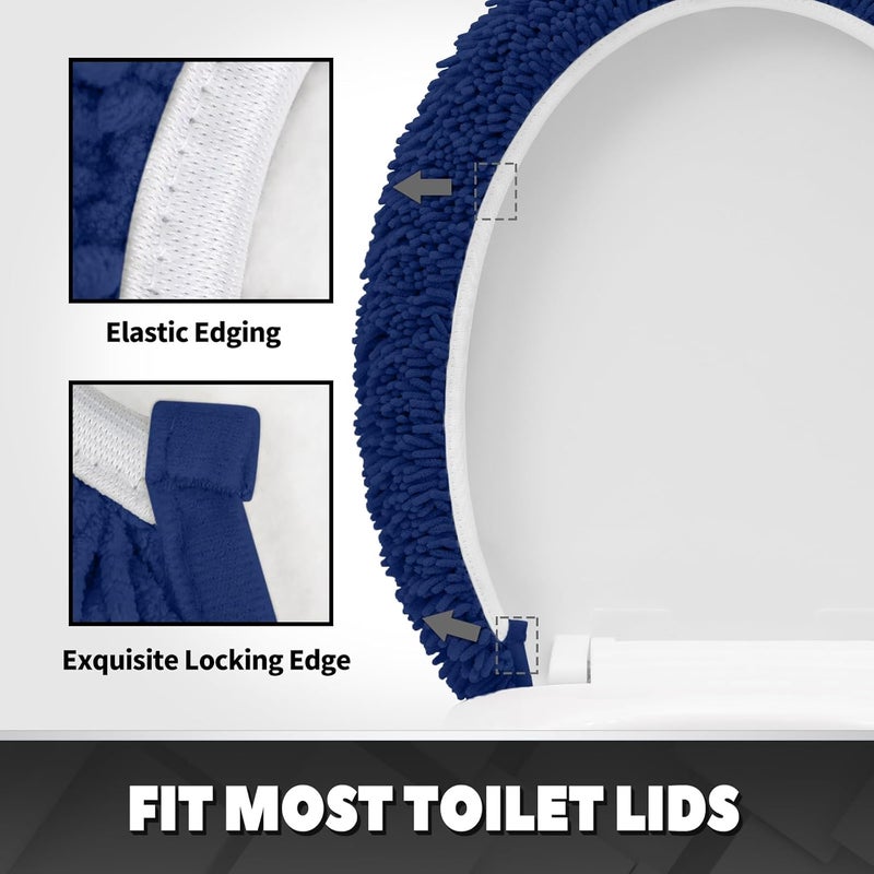 TREETONE Shaggy Chenille Bathroom Toilet Lid Cover, Ultra Soft Plush Seat Covers, Fluffy Absorbent, 19x21 Inches, Standard Toilet Lids for Bathroom Machine Wash & Dry, Navy Blue - Image 3